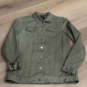 Rock & Republic Green Women Small Denim Jean Jacket Camo Cuffs Grunge Rocker